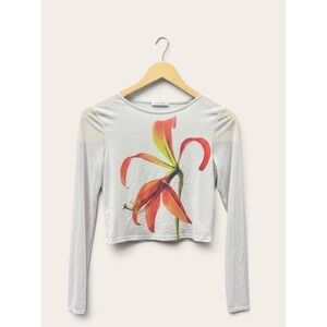 7DAY WKND Womens Long Sleeve Crop Top Orange Lily Floral Graphic Gray Medium